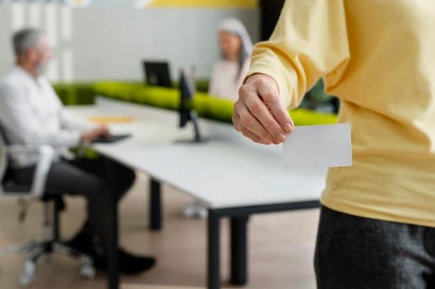 A close-up shot of two hands shaking over a contract document, with a blurred background showcasing a diverse group of professionals in a modern office setting.