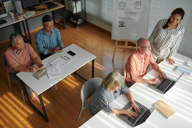 A wide shot of a diverse group of business professionals collaborating in a modern office space, using laptops and tablets, with sticky notes on a whiteboard.