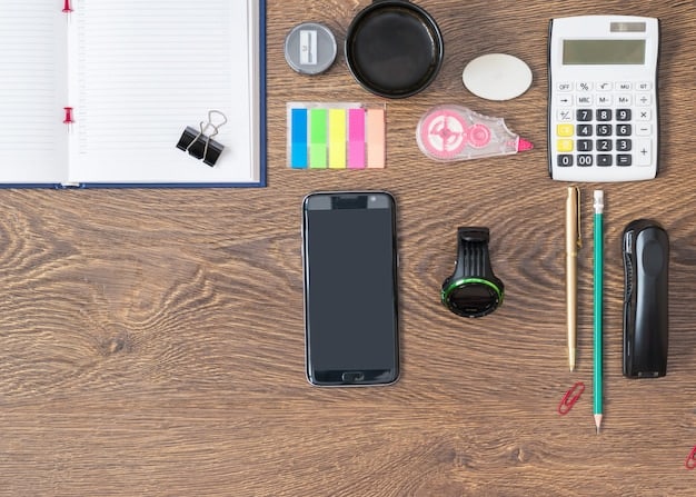 A high-angle shot of various stationery items - pens, highlighters, notebooks, and a calculator - arranged neatly on a wooden desk, symbolizing effective study tools and organization. Bright, overhead lighting emphasizes the colors and textures.
