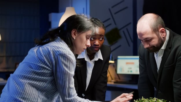 A diverse group of people discussing investment options with a financial advisor, set in a modern office.
