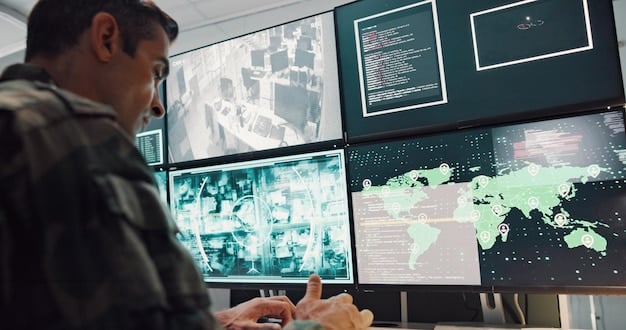 An investigator using a computer with multiple screens displaying crime data, maps, and analytical tools in a high-tech crime investigation unit. The scene is dimly lit, focusing on the screens, and depicts the use of advanced technology in solving crimes.