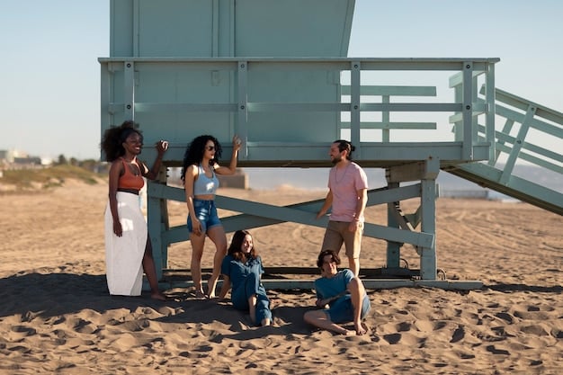 A panoramic view of a serene beach during a national holiday, with families enjoying the sun, sand, and sea, illustrating a perfect getaway during a long weekend.