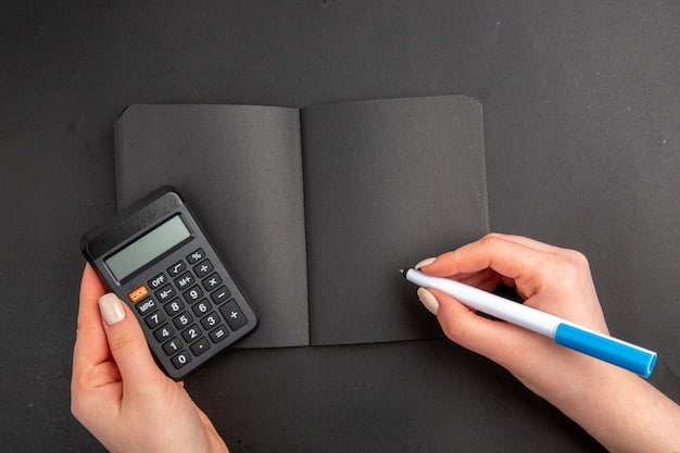 A close-up of a hand holding a calculator and a pen over a document with numbers, symbolizing the calculation of retirement benefits.