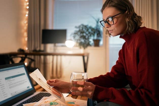A woman sitting at a desk, reviewing financial documents and using a laptop. The scene should evoke a sense of financial planning and security for the future.