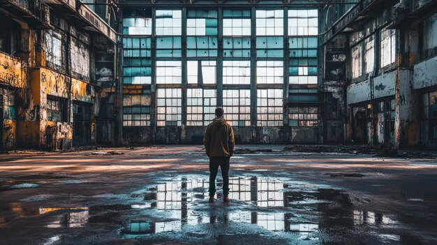 A sad man looking at a factory closing, with buildings falling apart in the back.