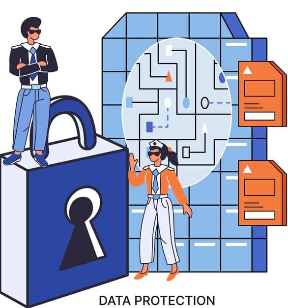 Illustration of a person holding a shield with a lock icon, symbolizing data protection under the LGPD, with a digital background representing data flow.