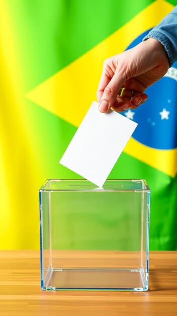 A close-up photo of a voting ballot box with the Brazilian flag subtly displayed in the background.