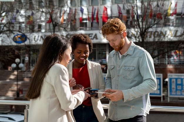A diverse group of international buyers at a trade show booth for a Brazilian exporter, showcasing the interactions and negotiations involved in international commerce.