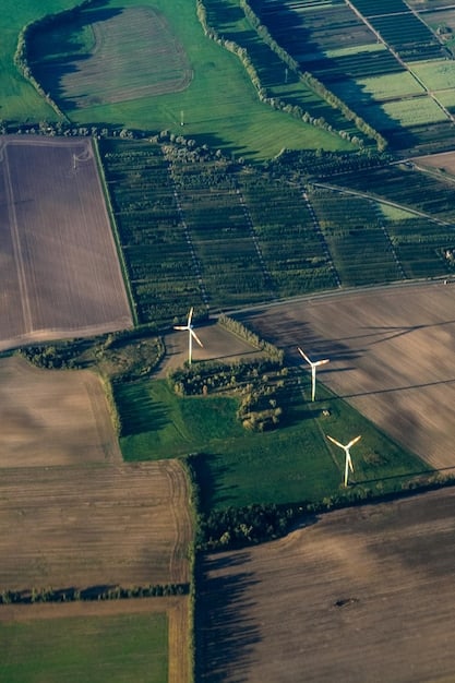 A drone shot of vast agricultural fields intersecting with rows of wind turbines, embodying the blend of traditional industries and renewable energy solutions facing challenges due to oil price hikes.