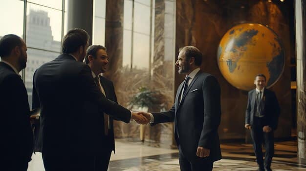 A group of international business people shaking hands in front of the Brazilian Congress building, symbolizing investment agreements and political cooperation.