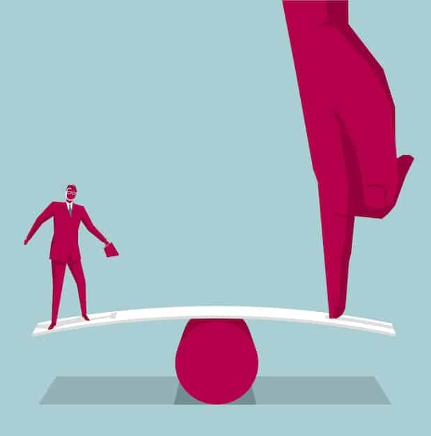 A stylized illustration depicting a seesaw representing the balance between employment rates and economic growth, where a decrease in employment leads to a drop in economic growth.