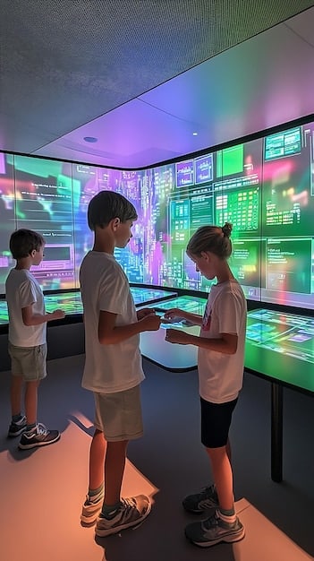 A futuristic Brazilian classroom with holographic displays and interactive learning interfaces, where students are learning about AI and robotics. The setup fosters an innovative and engaging educational experience.