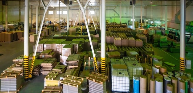 A factory floor with new, energy-efficient machinery being installed, showcasing a shift toward sustainable production.