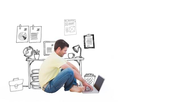 A student studying at a table with a laptop, papers, and a concerned expression. Overlaying the image is a transparent graphic of overlapping debt symbols.