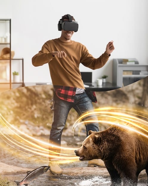 A person using a virtual reality headset, interacting with a 3D model or simulation. The setting suggests a technological or educational environment, emphasizing the innovative use of technology in modern education and training.