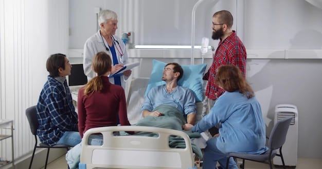 A group of healthcare professionals, including nurses and doctors, collaborating around a patient's bed in a hospital ward. The setting is sterile and professional, highlighting the teamwork and dedication involved in patient care.