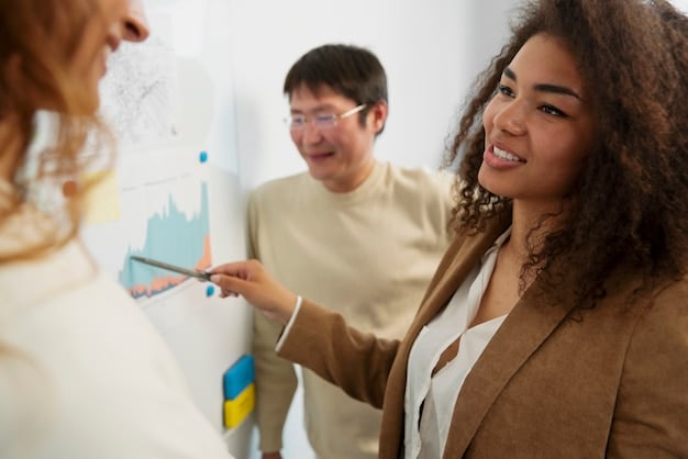 A diverse team of project managers engaged in a brainstorming session, using sticky notes and a whiteboard to visualize project timelines and goals.