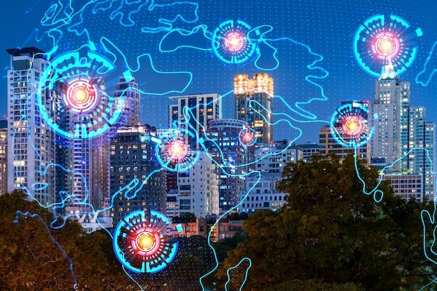 A futuristic cityscape with a network of interconnected nodes and data streams, symbolizing cybersecurity and global data protection measures against digital threats.