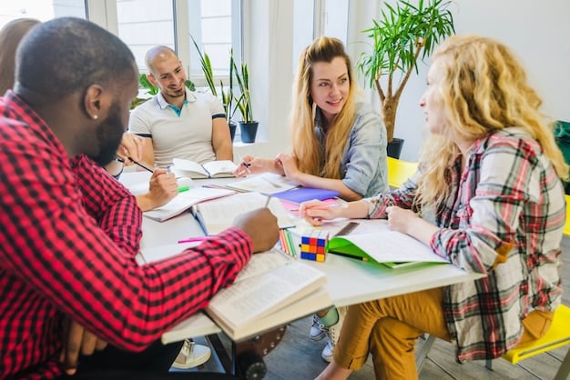 A diverse group of students sitting around a table, engaged in a collaborative study session. They are discussing practice questions, sharing notes, and pointing to diagrams in textbooks.