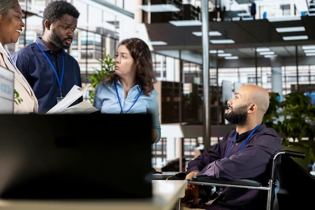 A diverse group of professionals working in a modern government office, collaborating on projects and using computers, symbolizing the various career paths available through public service jobs.