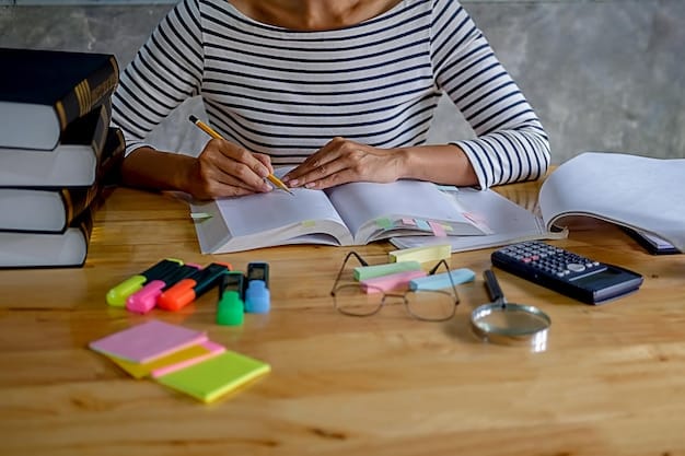 A person using a planner to schedule their English study sessions, with sticky notes and colored pens for organization.