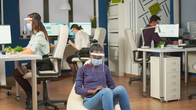 A person wearing a VR headset working on complex data visualizations related to AI. The background shows a modern office with collaborative workspaces.