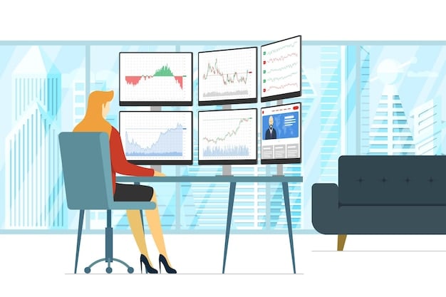 A professional woman analyzing data graphs and charts on a large monitor in a modern office environment, with multiple screens displaying different financial metrics.