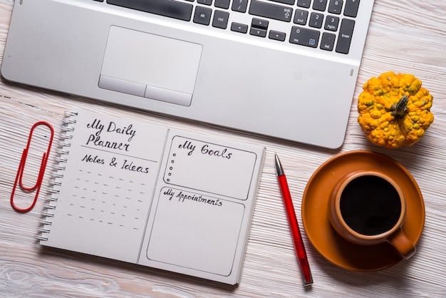 A calendar or daily planner with dedicated time slots for mindfulness exercises or meditation sessions. The planner is open on a desk with other personal items such as a water bottle, a notebook, and a pen.