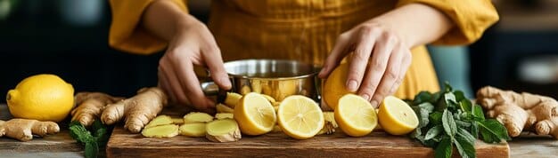 A close-up shot of a person's hands preparing a vibrant ginger and lemon tea, with slices of ginger and lemon visible in a clear glass mug. Steaming hot water is being poured into the mug, with a focus on the warmth and soothing properties of the drink.