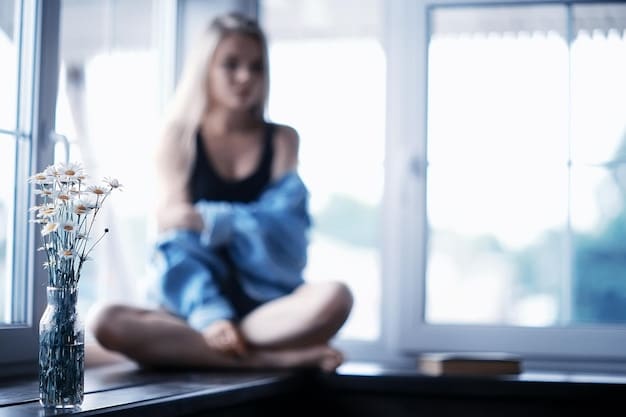 A person peacefully meditating in a yoga pose in a quiet room, sunlight streaming through the window, symbolizing mental peace and tranquility.