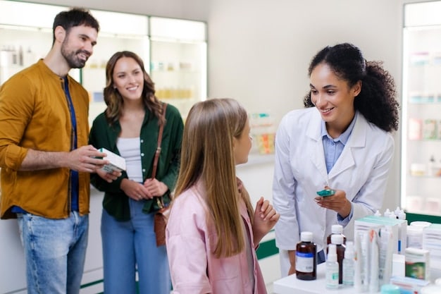 An image showing a group of pharmacists and healthcare professionals collaboratively discussing medication options and patient care strategies, emphasizing teamwork and effective communication in healthcare.
