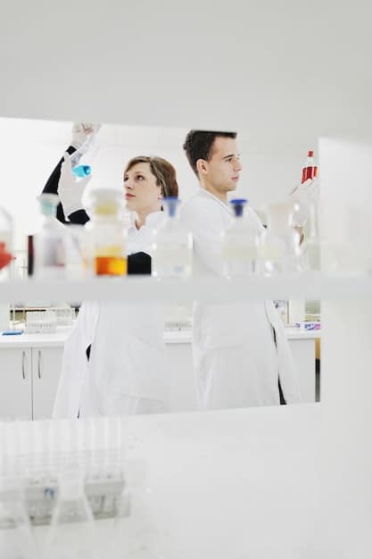 A brightly lit laboratory setting with scientists in lab coats analyzing supplement samples, highlighting the importance of scientific research and quality control in the supplement industry.