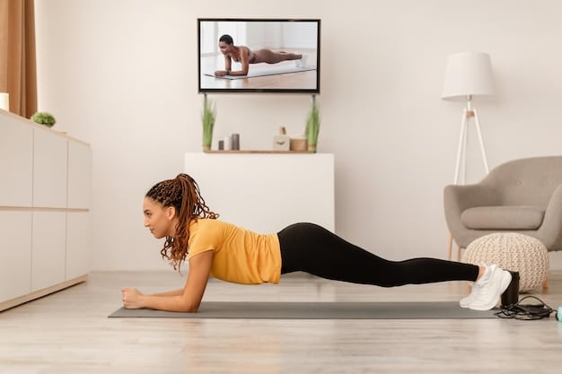 A person demonstrating a plank exercise in a living room with minimalistic decor. The focus is on their posture, showing proper alignment from head to heels, engaging core muscles. A yoga mat is placed underneath for comfort.