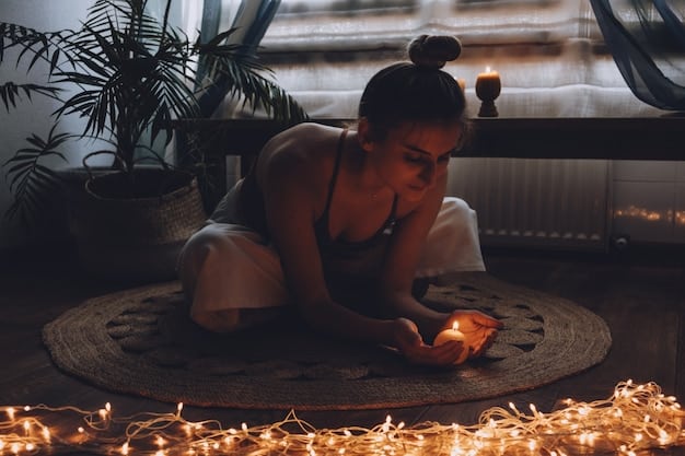 A person practicing evening yoga stretches in a dimly lit room, promoting relaxation and preparing the body for sleep. Candles are lit in the background creating a peaceful ambiance.
