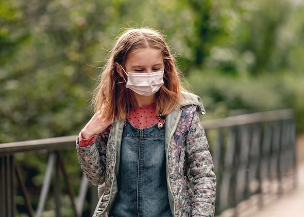 A photo focusing on a child wearing a protective face mask in a heavily polluted urban environment in Brazil, highlighting the vulnerability of young children to air pollution. The image should convey concern and advocacy for clean air.