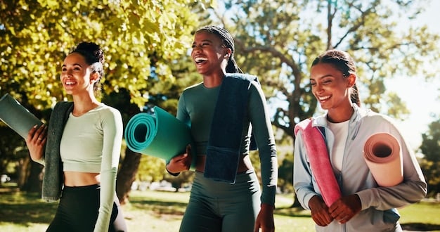 A diverse group of people participating in various physical activities: a woman jogging in a park, a man lifting weights at the gym, and a group doing yoga outdoors with a serene background.