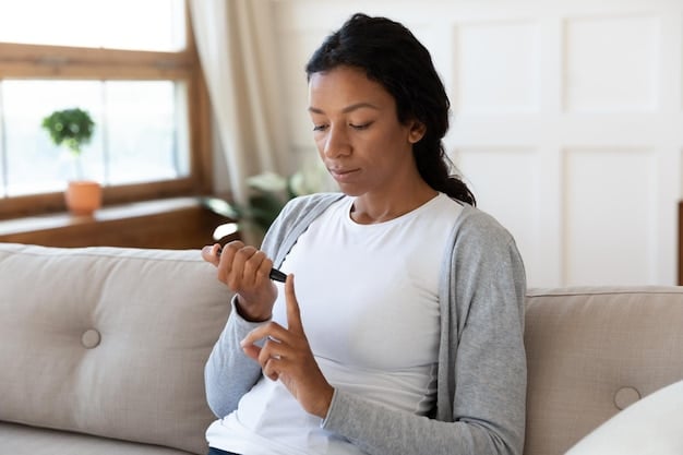 A person pricking their finger to test blood sugar levels, with a blood glucose meter displaying the reading. The image focuses on the ease and importance of regular blood sugar monitoring.