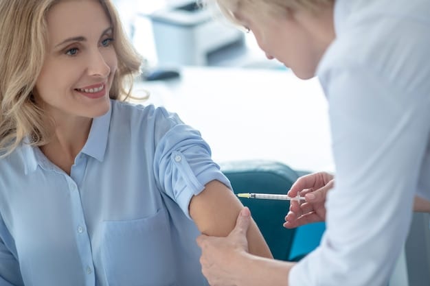 A close-up of a healthcare professional administering a flu vaccine to an adult patient in a clean, well-lit medical office.