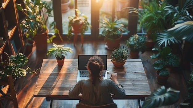 A person meditating in a quiet office space, with a serene expression and closed eyes, promoting mindfulness and relaxation at work. Plants and soft lighting are visible.