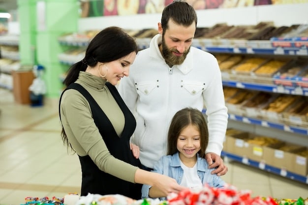 A family happily shopping in a grocery store, with price tags showing decreased prices due to the tax reform, and a diverse group of workers in the background heading to their jobs, symbolizing increased employment opportunities.