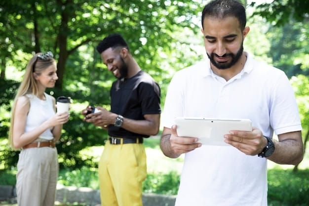 A diverse group of Brazilians discussing politics in a public square, with smartphones and tablets showing news articles about potential 2026 election candidates and key issues. Focus on the engagement and diverse representation of the participants.
