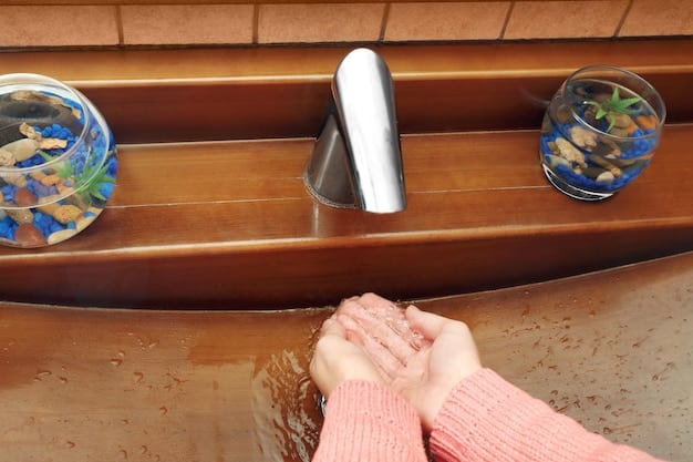 A photograph illustrating water conservation tips at home, showing examples like turning off the tap while brushing teeth, fixing leaky faucets, and using water-efficient appliances to reduce water consumption.