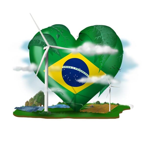 Close-up of a modern wind turbine with the Brazilian flag waving in the background.