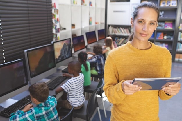 A teacher using a digital tablet to engage students in a classroom, showcasing the use of technology in modern education.