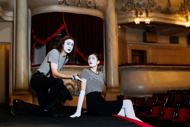 A scene inside a theater, with performers on stage and an audience watching attentively. The lighting is dramatic, highlighting the performers and creating an atmosphere of excitement and engagement.