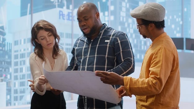 A diverse group of people looking at blueprints in a construction site, with a tablet displaying real estate market analysis.