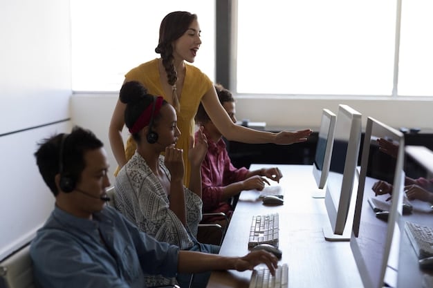 A group of diverse students in a modern classroom setting, participating in a technology training program.