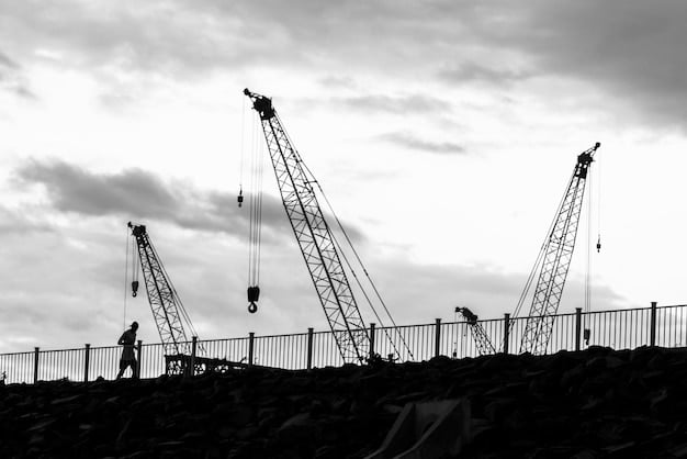 Image of construction site with cranes and workers, depicting the construction industry being impacted by economic factors.
