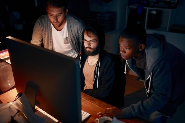 A diverse group of tech professionals collaborating in a modern office space, with laptops and digital displays showing code and data, representing job creation and innovation in the tech sector.