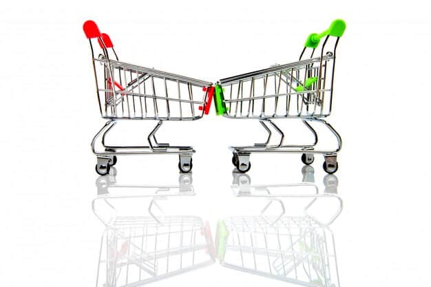 A split image showing two shopping carts. One is filled with various imported goods, with dollar signs subtly overlaid, looking expensive. The other cart is filled with locally produced goods, with Brazilian Real signs, looking more affordable.